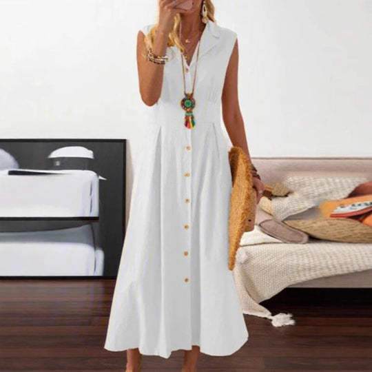 Damen Sommerliches Maxi-Kleid mit Knopfleiste und ärmellosem Design R&B