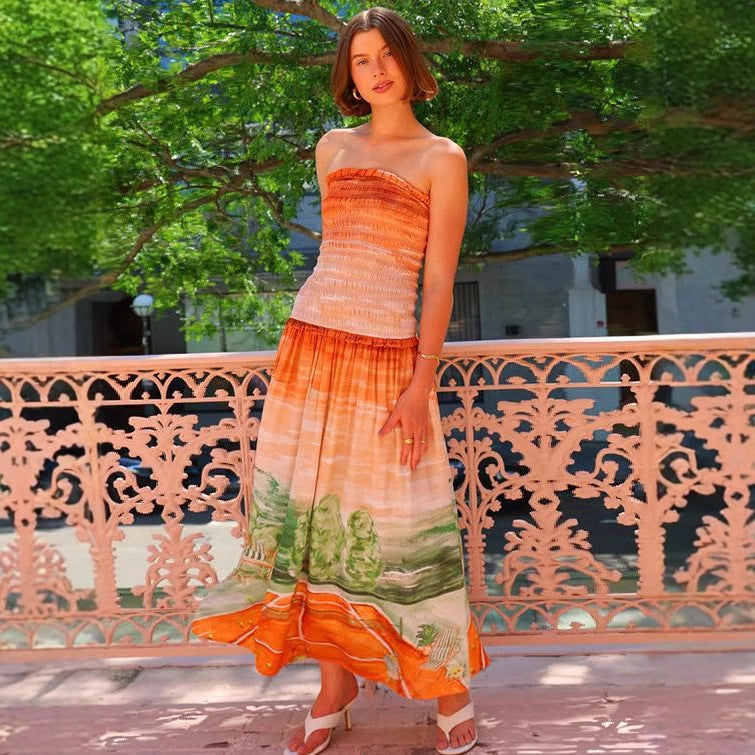 Damen Maxi-Wickelkleid mit elastischem Oberteil und fließendem Rock R&B