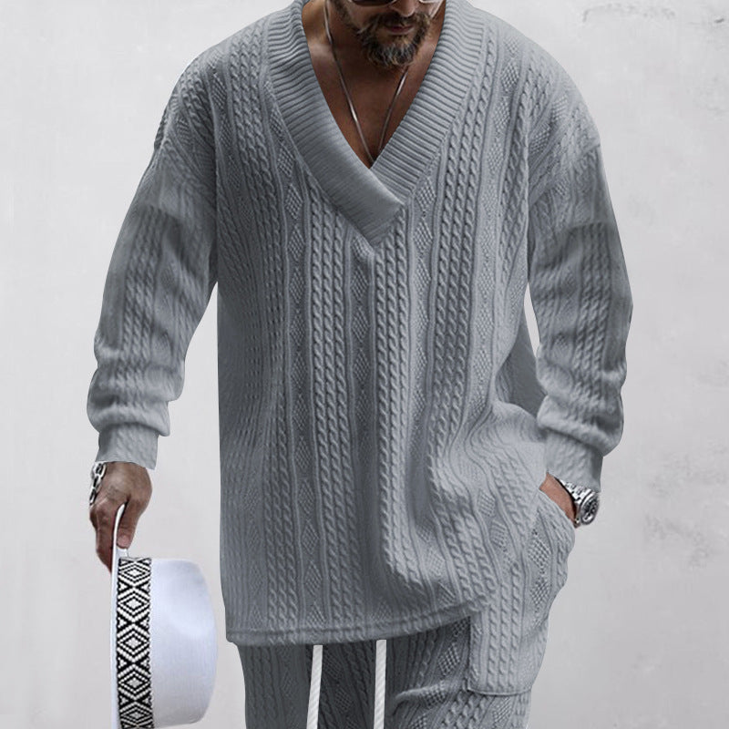 Herren nan oversized Kabelstrick V-Ausschnitt Pullover mit Relaxhose Set R&B
