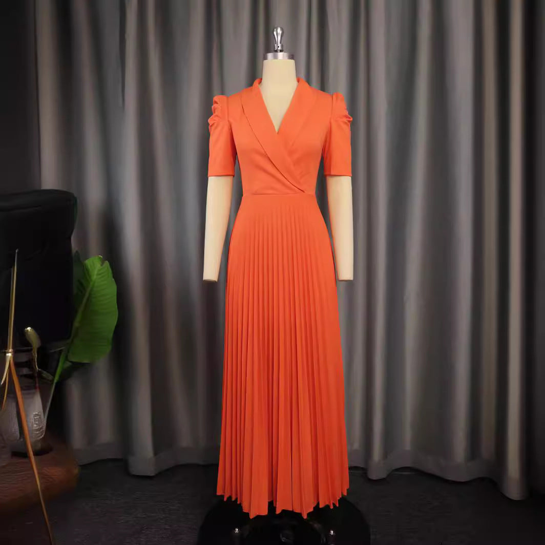 Damen elegantes Wickelkleid mit plissiertem Rock und Puffärmeln R&B
