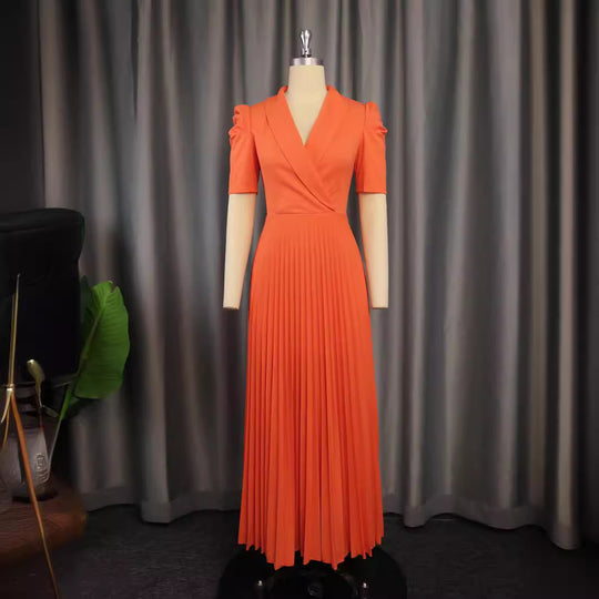 Damen elegantes Wickelkleid mit plissiertem Rock und Puffärmeln R&B