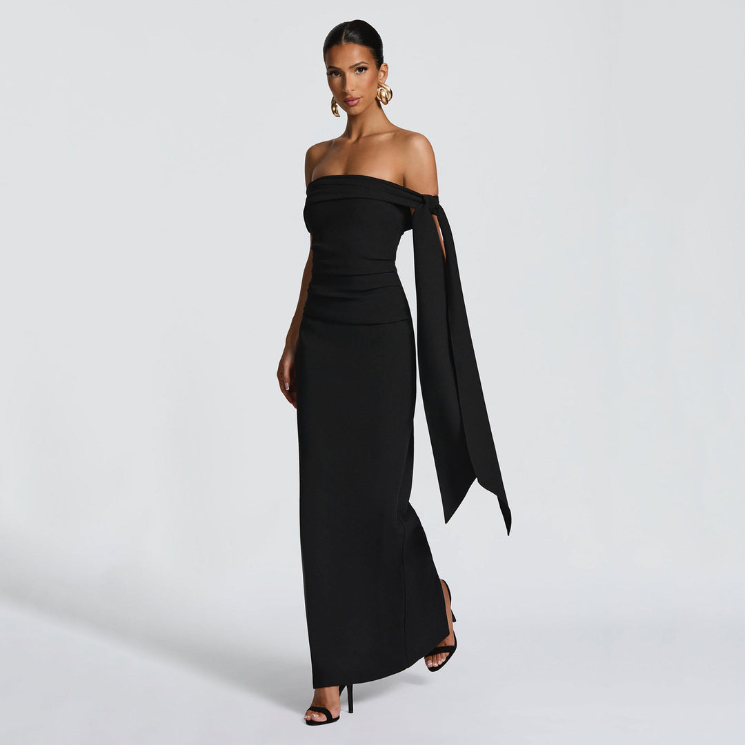 Damen Off-Shoulder Maxikleid mit eleganter Schleifenverzierung R&B