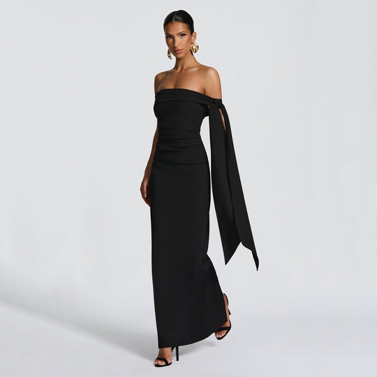Damen Off-Shoulder Maxikleid mit eleganter Schleifenverzierung R&B
