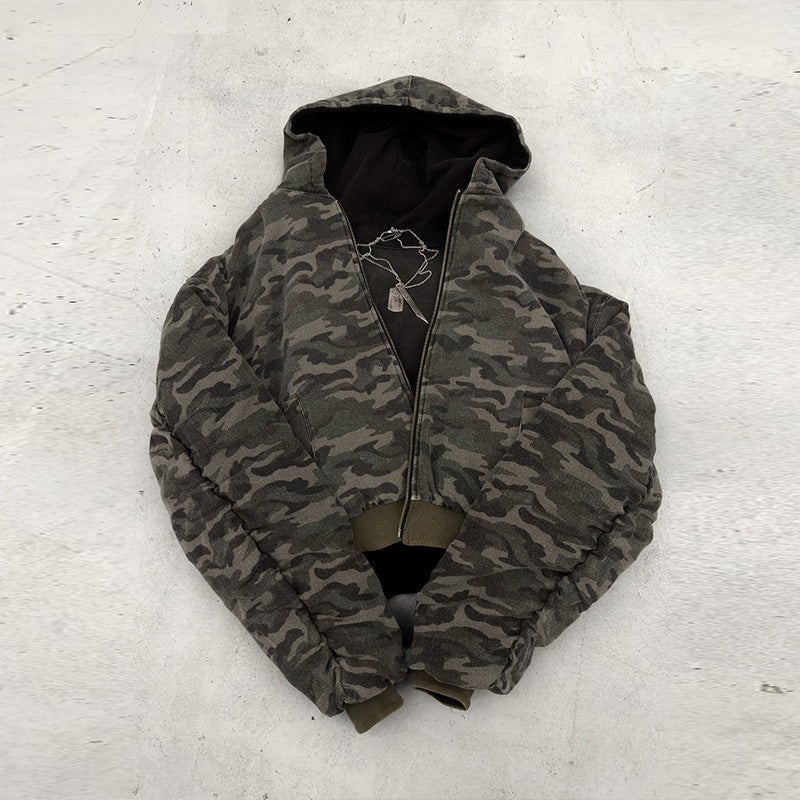 Herren nan kurz geschnittene Camouflage Kapuzenjacke im Bomberstil mit Teddyfutter und Zweiwege-Reißverschluss R&B