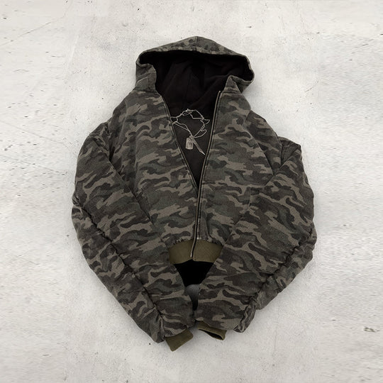 Herren nan kurz geschnittene Camouflage Kapuzenjacke im Bomberstil mit Teddyfutter und Zweiwege-Reißverschluss R&B