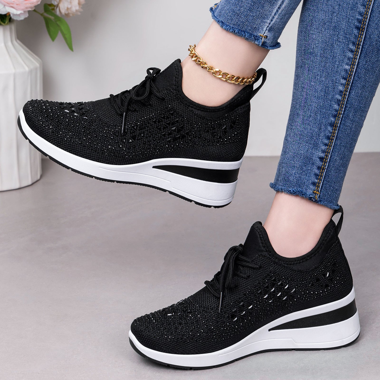 Damen Sportliche Sneakers mit Strass-Applikationen und atmungsaktivem Obermaterial