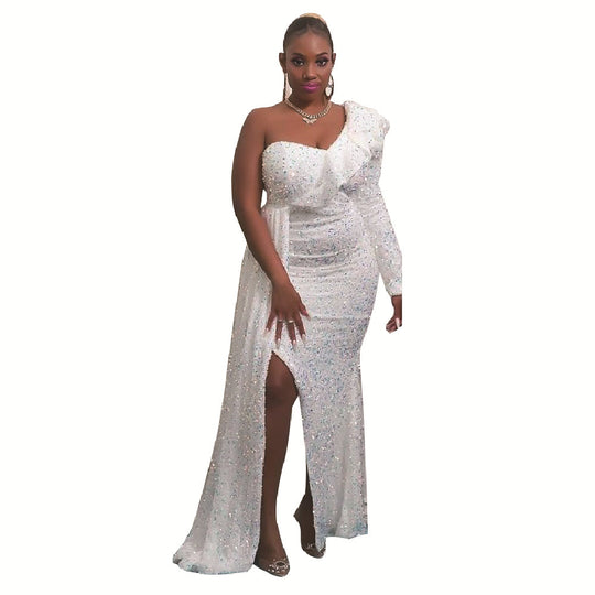 Damen Elegantes schulterfreies Maxikleid mit glitzernden Akzenten und asymmetrischem Design R&B
