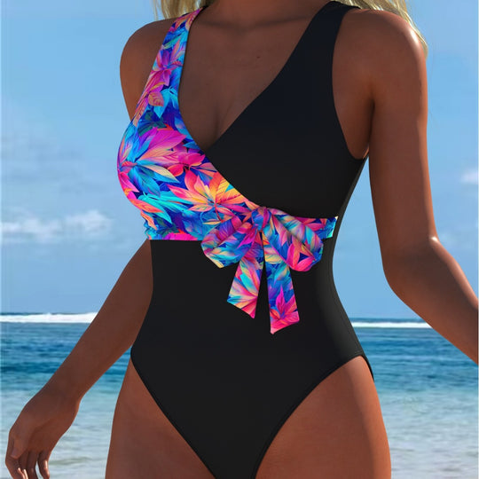 Damen Einteiler Badeanzug mit femininem Wickeldetail und auffälligem Floral-Design R&B