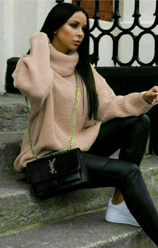Damen Oversized-Strickpullover mit hohem Kragen und lässigem Schnitt R&B