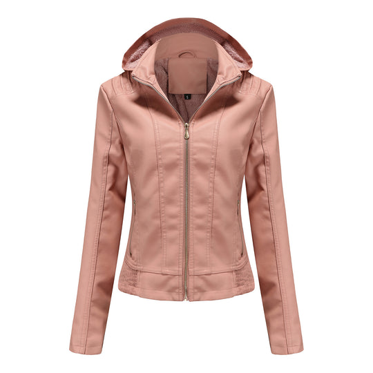Damen stilvolle Kunstlederjacke mit hochabschließendem Kragen und elastischen Bündchen R&B
