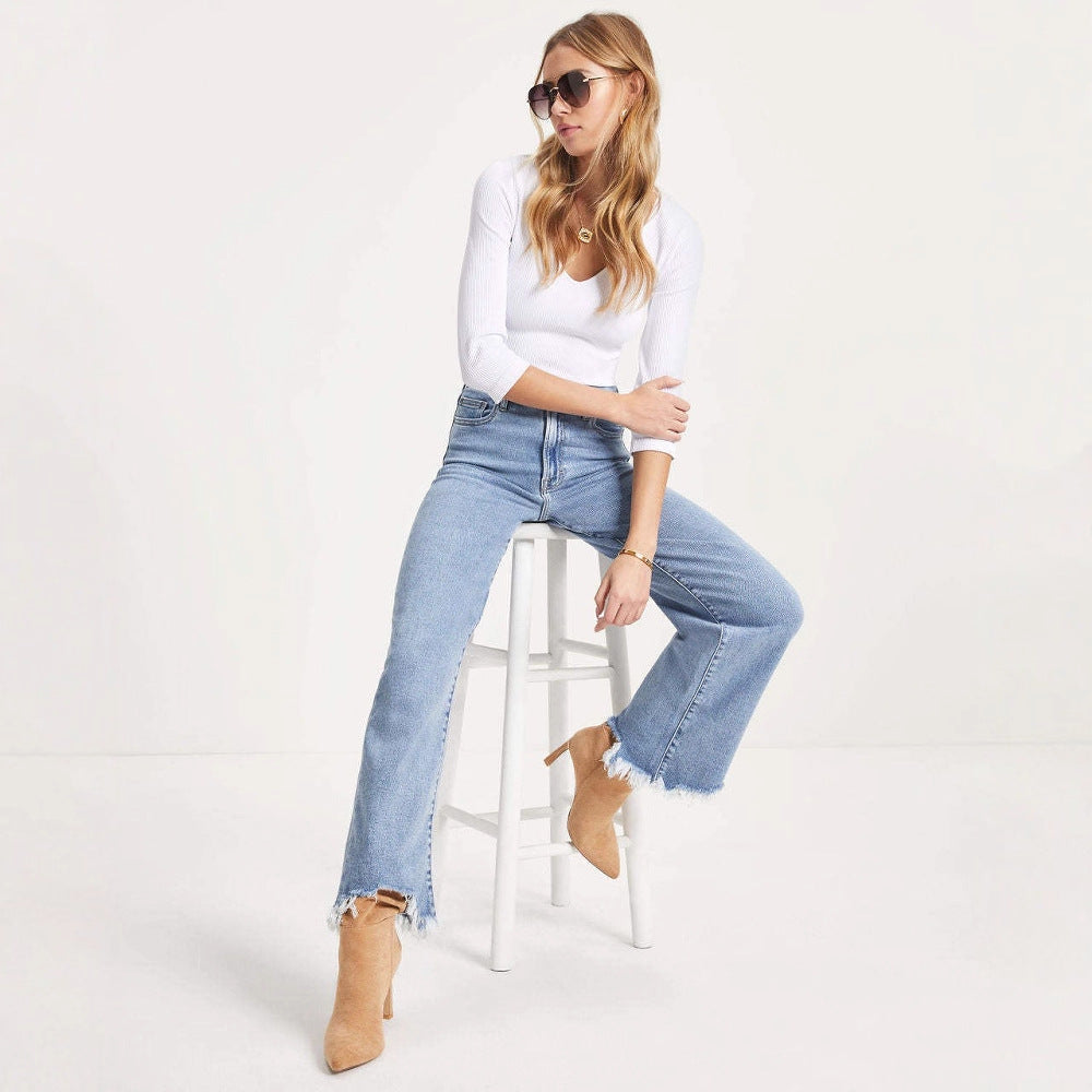 Damen Weit geschnittene Jeans mit fransigem Saum und hohem Bund R&B