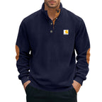 Herren nan Strickpullover im Troyer-Stil mit Stehkragen Lederbesatz Druckknopfleiste und Ellbogen-Patches R&B
