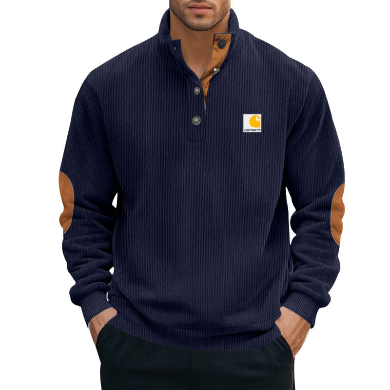 Herren nan Strickpullover im Troyer-Stil mit Stehkragen Lederbesatz Druckknopfleiste und Ellbogen-Patches R&B