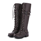 Damen Langer Schnür-Stiefel mit modischen Schnallen und robustem Profil