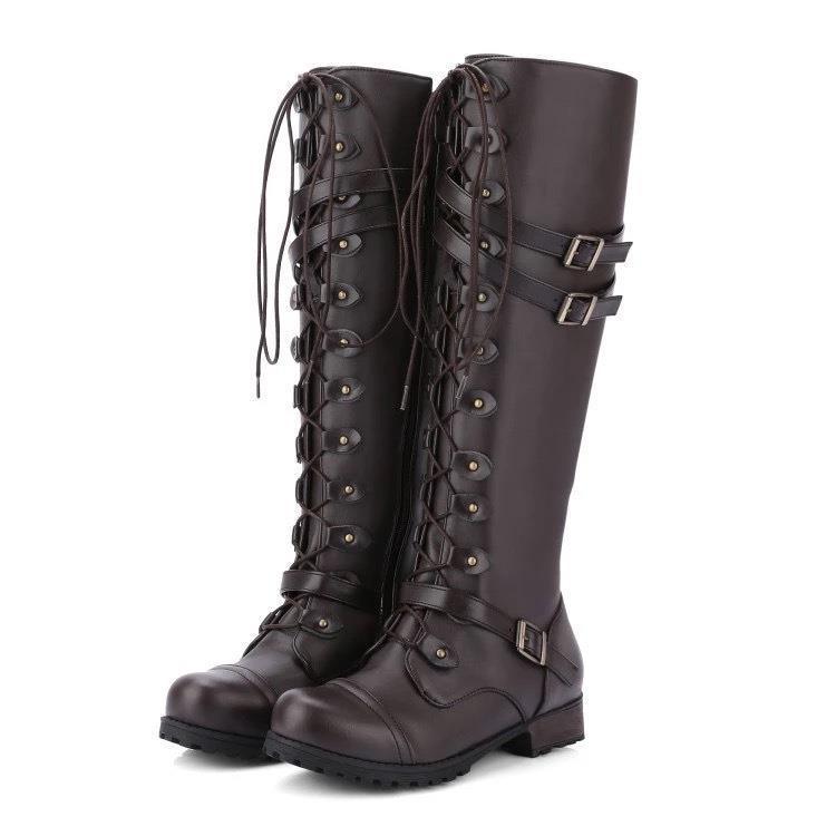 Damen Langer Schnür-Stiefel mit modischen Schnallen und robustem Profil