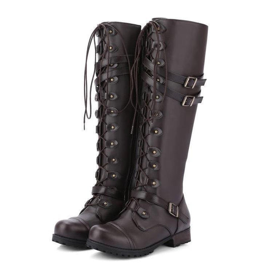 Damen Langer Schnür-Stiefel mit modischen Schnallen und robustem Profil R&B