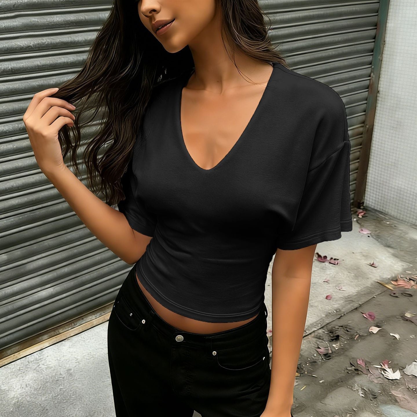 Damen lässiges Cropped T-Shirt mit V-Ausschnitt und oversized Ärmeln R&B