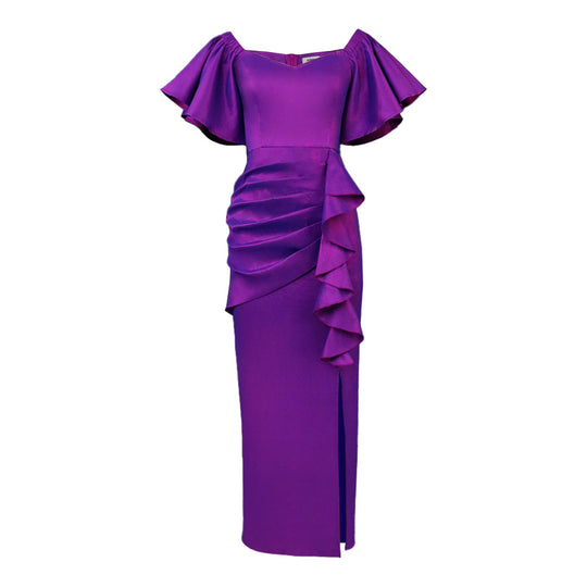 Damen Elegantes Maxikleid mit voluminösen Ärmeln und asymmetrischem Rüschen-Design R&B