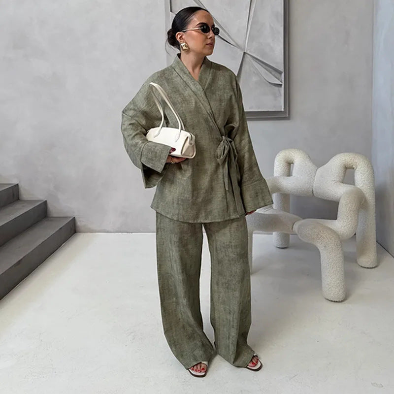 Damen Leichtes Loungewear Set mit Wickeljacke und weiten Haremshosen R&B