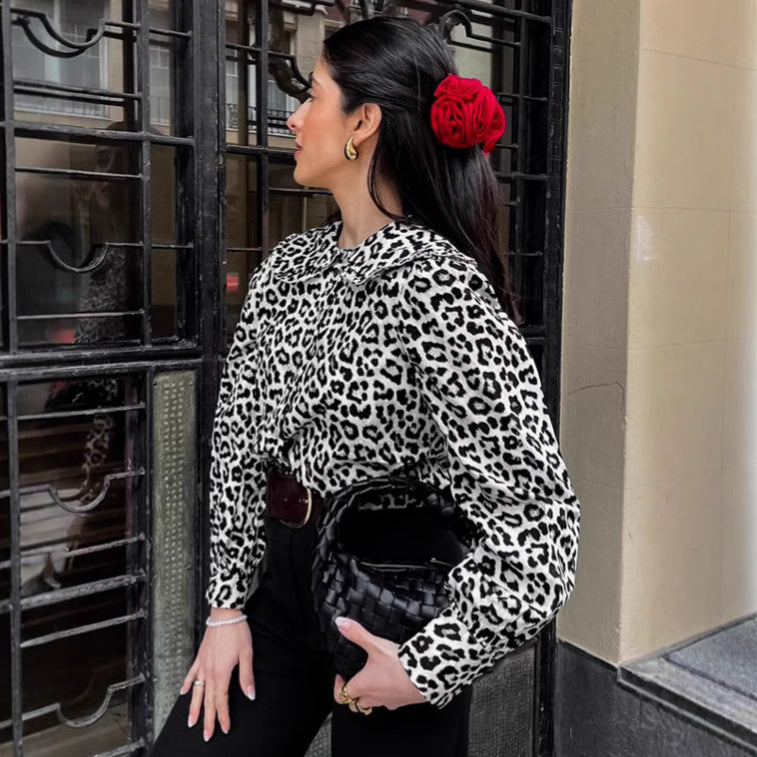 Damen Modische Bluse mit Leopardenmuster und voluminösen Ärmeln R&B