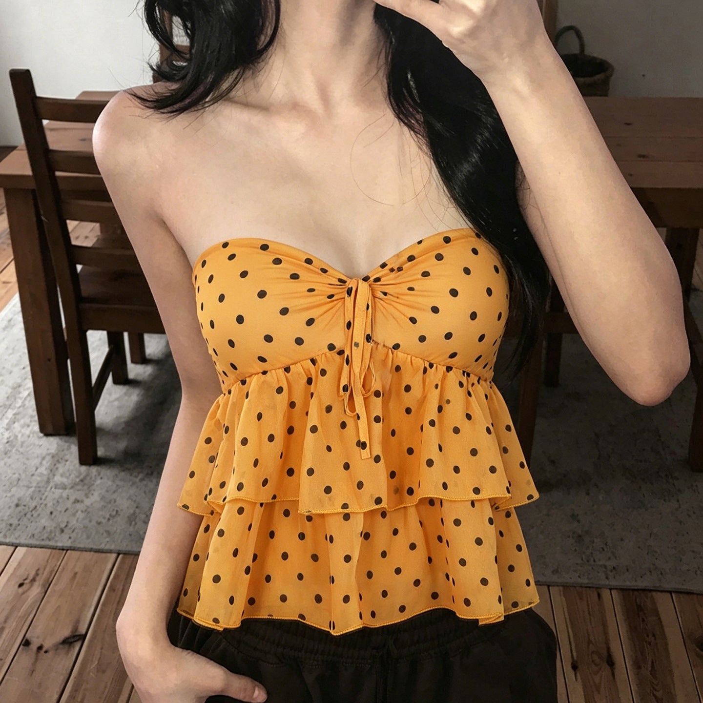 Damen luftiges Spaghetti-Trägertop mit voluminösem Rüschendesign R&B