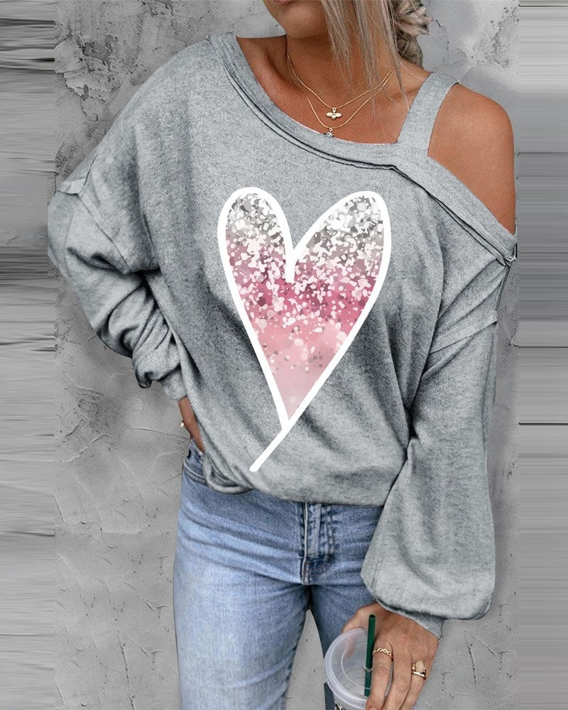 Damen lässiger Oversized Pullover mit herzförmigem Glitzer-Design R&B