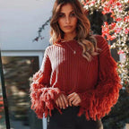 Damen Strickpullover mit voluminösen Fransenärmel und modernem Schnitt R&B