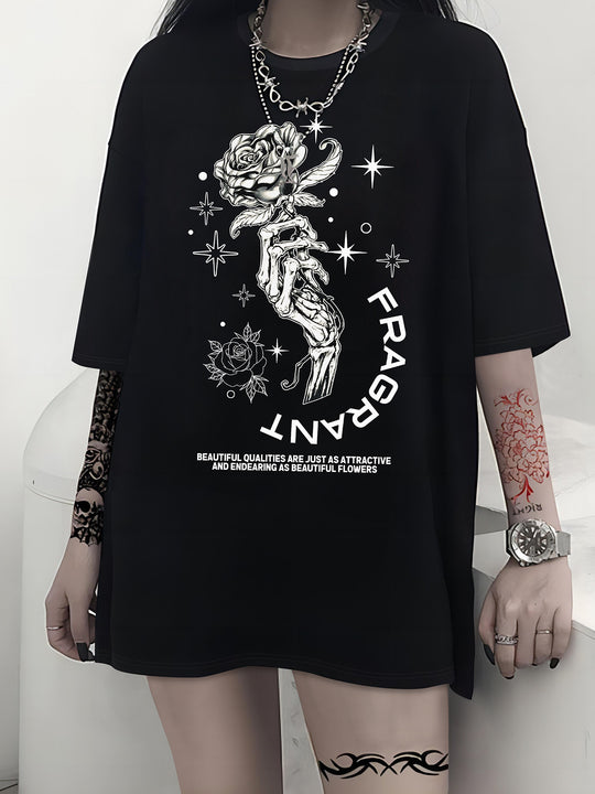 Damen T-Shirt mit künstlerischem Skelettmotiv und einzigartigem Druck R&B