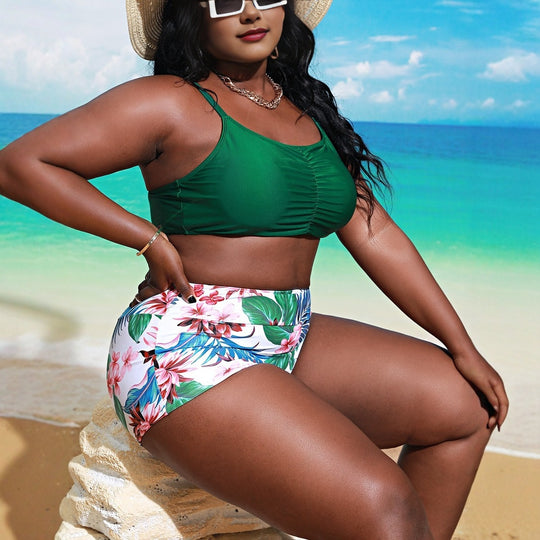 Damen Bikini-Set mit gerafftem Oberteil und floralem Höschen R&B