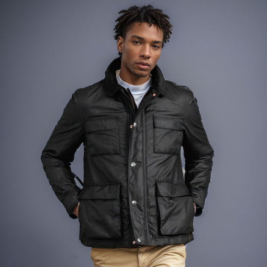 Herren modische Utility-Jacke mit mehreren praktischen Taschen und Kunstfellkragen R&B