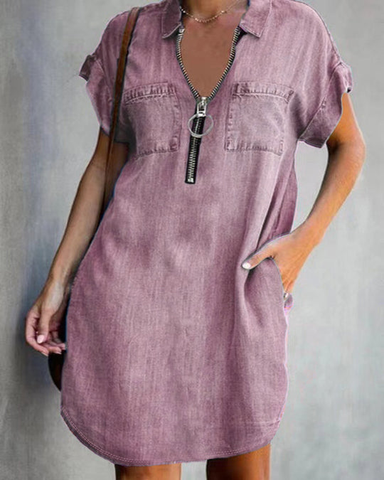 Damen Chambray Kleid mit Reißverschluss und praktischen Taschen R&B