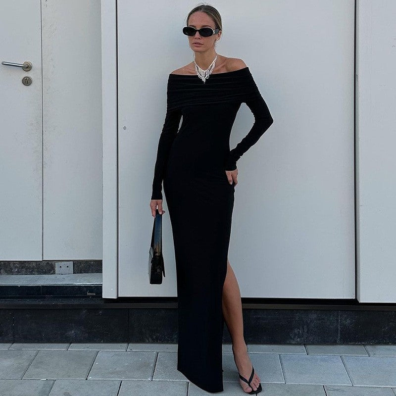 Damen Elegantes Maxikleid mit schickem Off-Shoulder-Ausschnitt und seitlichem Schlitz R&B