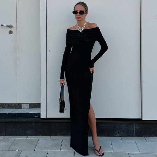 Damen Elegantes Maxikleid mit schickem Off-Shoulder-Ausschnitt und seitlichem Schlitz R&B