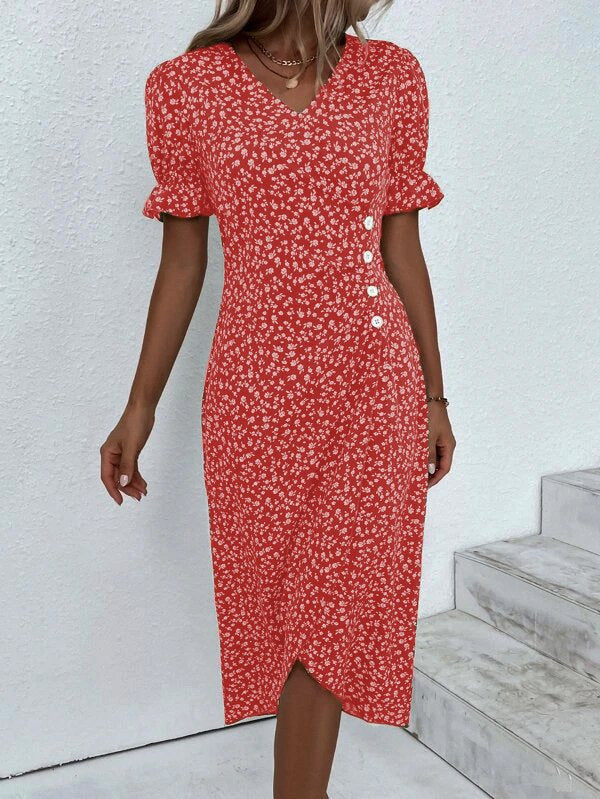 Damen Midikleid mit floralen Mustern und schmeichelndem V-Ausschnitt R&B
