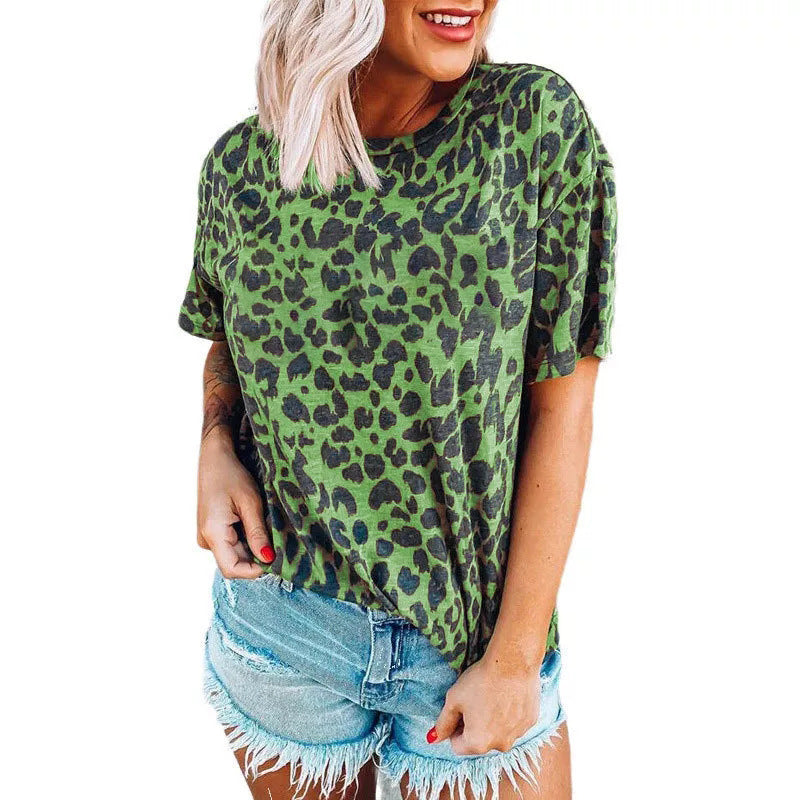 Damen lässiges Leoprint T-Shirt mit weichem Stoff und lockerer Passform R&B