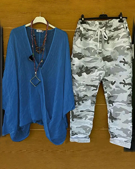 Damen nan Zweiteiler aus fließendem Kimono-Top und Camouflage-Jogginghose R&B