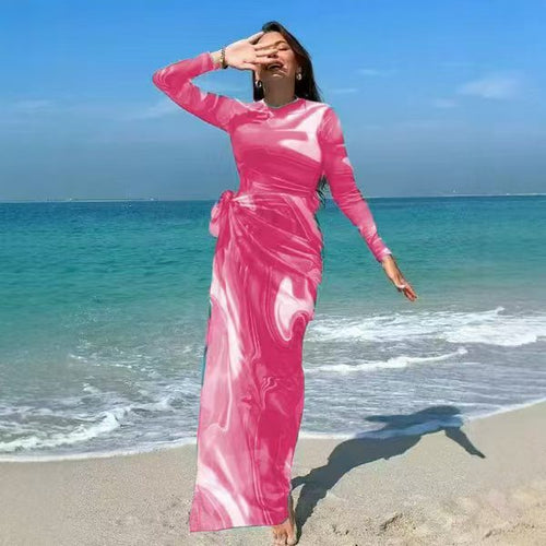 Damen Elegantes Maxi-Kleid mit Wickelgürtel R&B
