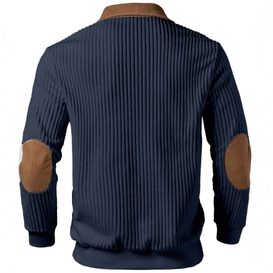 Herren nan gerippter Halbzip-Pullover mit kontrastierenden Lederapplikationen an Schultern und Ellenbogen R&B