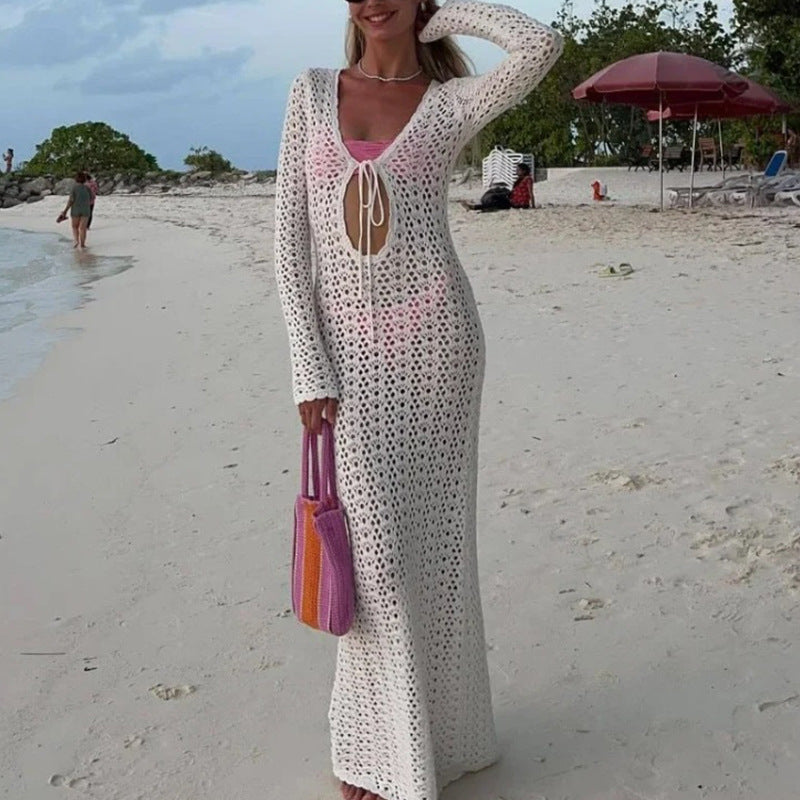 Damen luftiges Häkel-Strandkleid mit V-Ausschnitt und Schnüroptik R&B