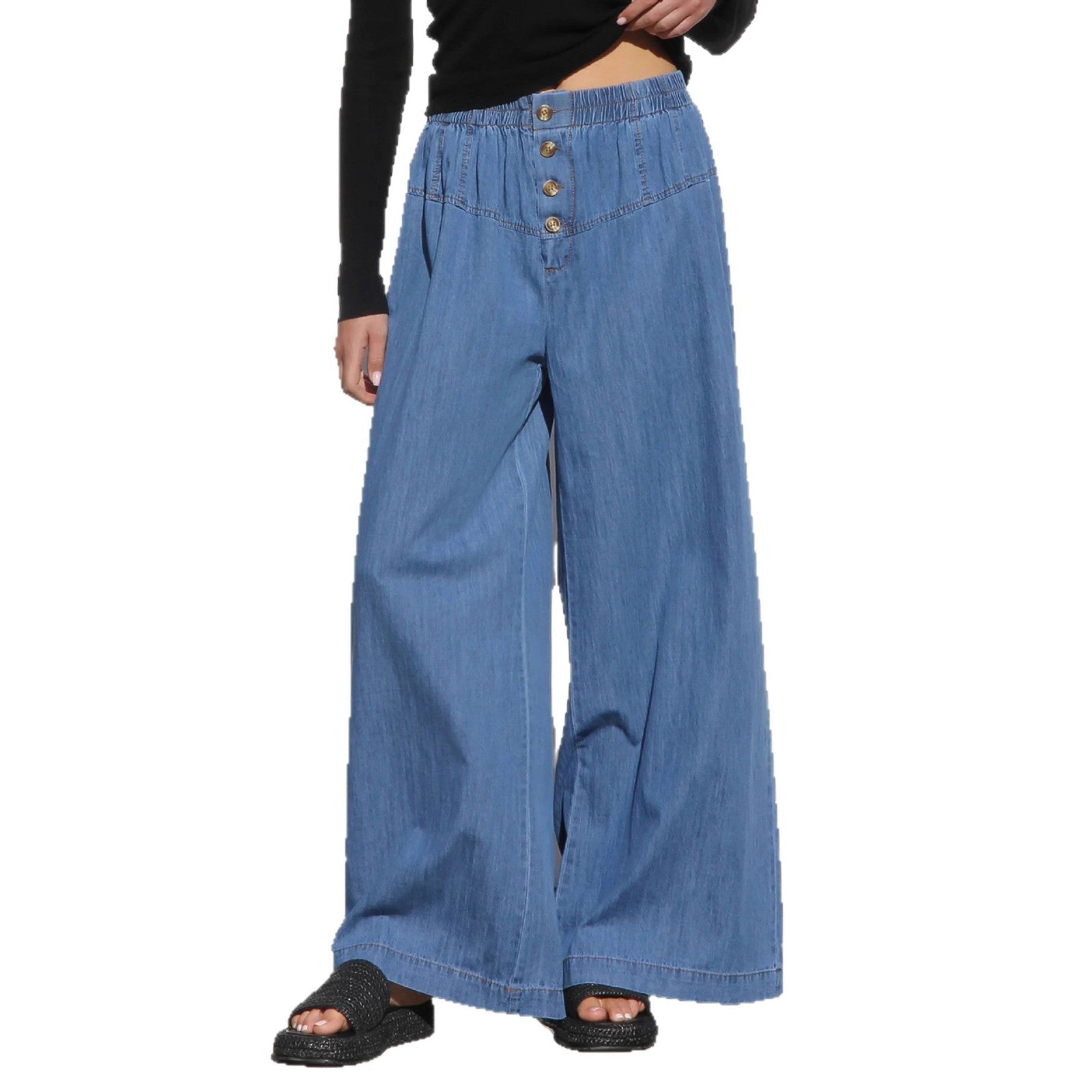 Damen nan weite Highwaist-Jeanshose mit elastischem Bund und dekorativer Knopfleiste R&B