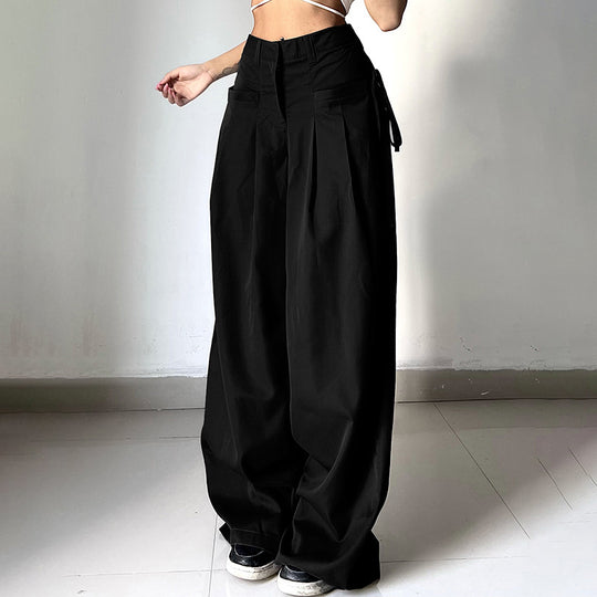 Damen weit geschnittene High-Waist-Hose mit tiefem Bund und eleganten Falten R&B