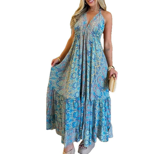 Damen Maxikleid mit tiefem V-Ausschnitt und fließendem Stoff R&B