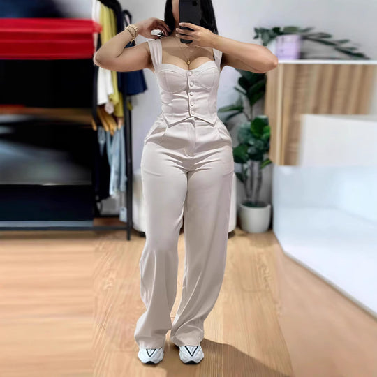 Damen Jumpsuit mit figurbetontem Oberteil und weiten Beinen R&B