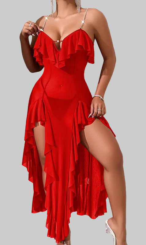 Damen Maxi-Kleid mit voluminösen Rüschendetails und seitlichem Schlitz R&B