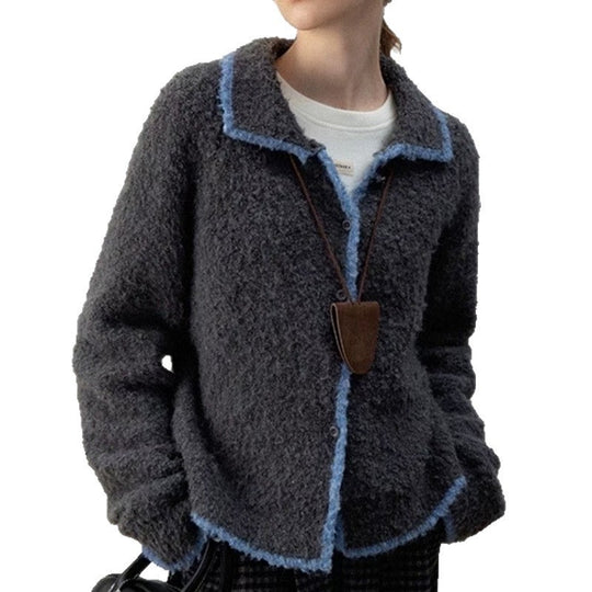Damen kuscheliger Strickcardigan mit Kontrastdetails und kragen R&B