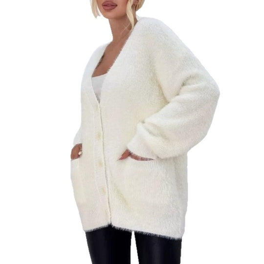 Damen Flauschiger Cardigan mit großen Taschen und lockerer Passform R&B