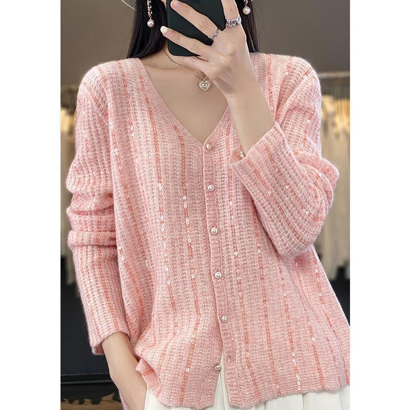 Damen Knopfverschluss Pailletten Cardigan Pullover R&B