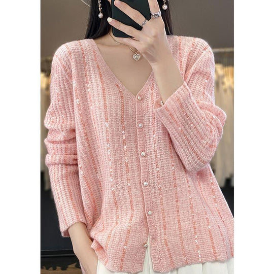 Damen Knopfverschluss Pailletten Cardigan Pullover R&B