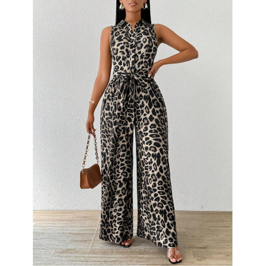 Damen Jumpsuit mit Leopardenmuster und Taillengürtel R&B