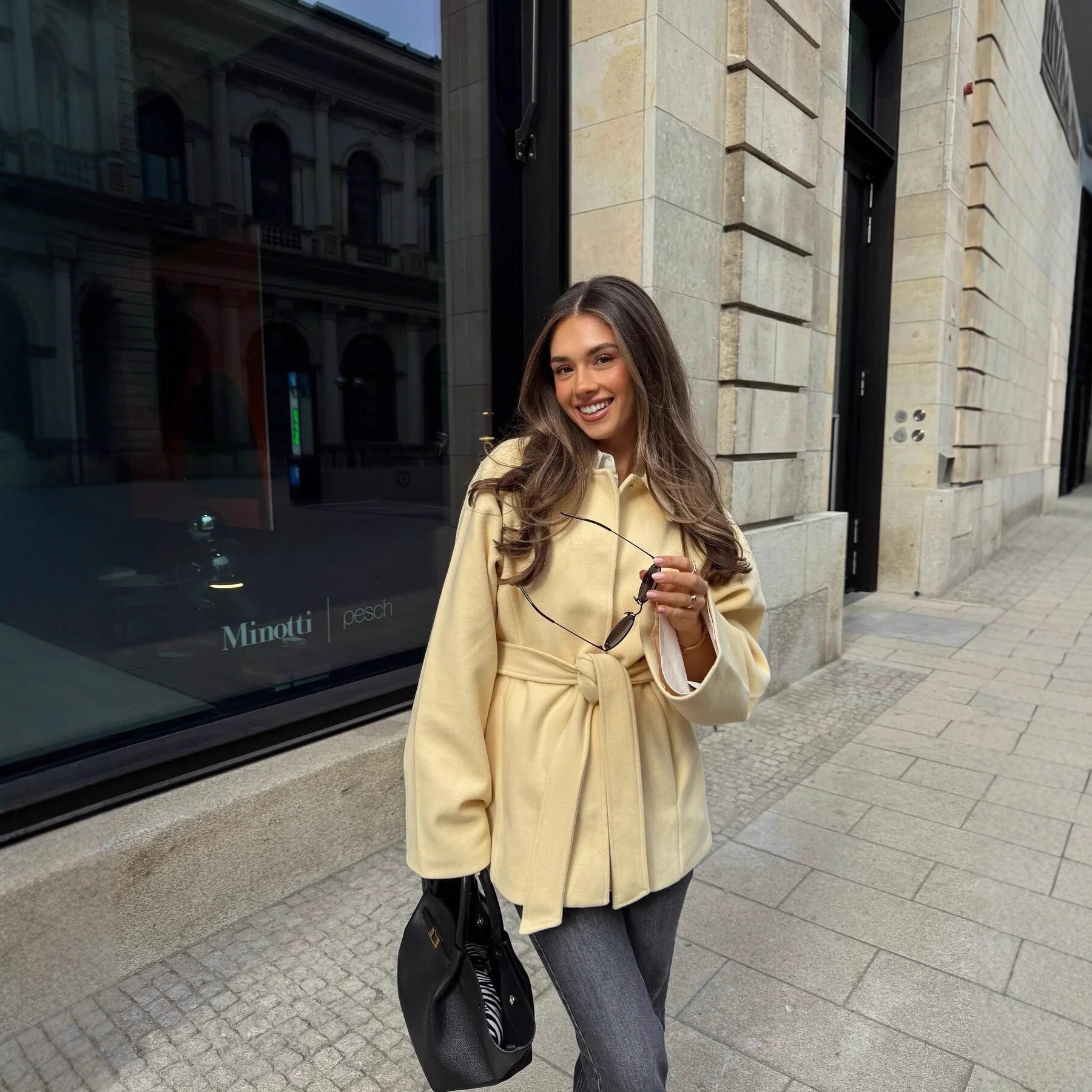Damen modische Wickeljacke mit hochwertigem Material und Taillengürtel R&B